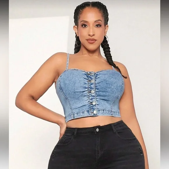 Women's Plus Size Denim corset Sleeveless Cami Crop Top - Picture 4 of 7